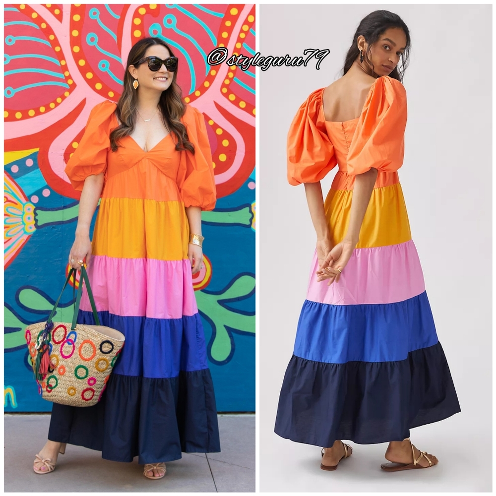 NWT, Anthropologie, Farm Rio Tiered Colorblock Maxi Dress